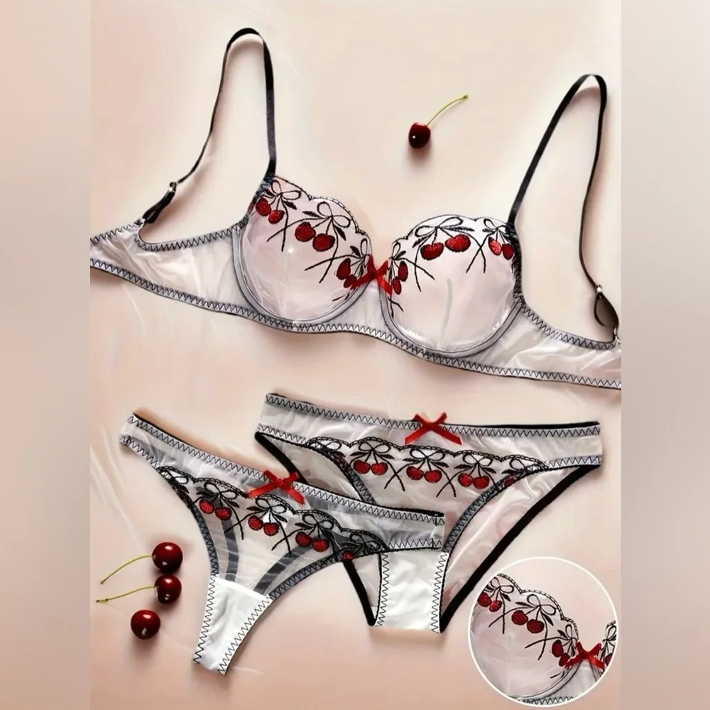 Cherry Embroidered Lingerie Set, Black, Red & White, NEW, 3 pcs. - Picture 2 of 9